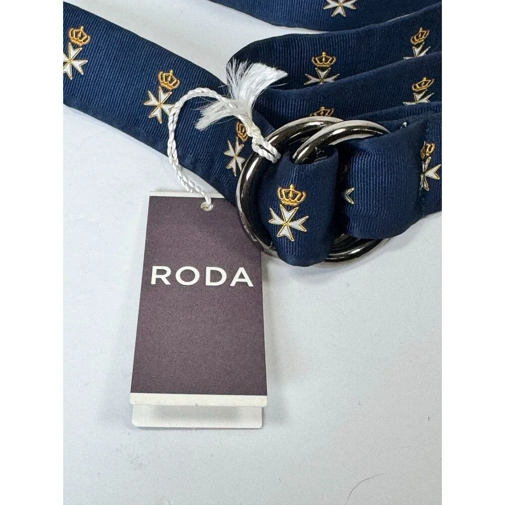 RODA Ribbon Belt Men Unisex Medium Navy Blue Maltese Cross D Ring Preppy Classic